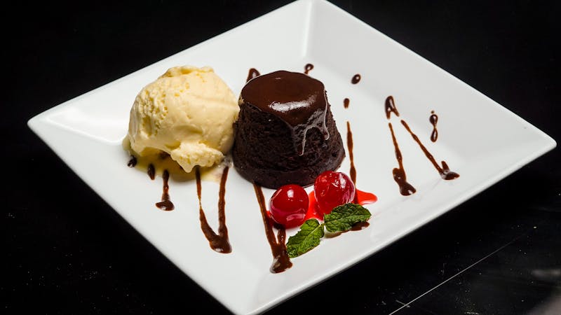 Warm chocolate lava cake with vanilla ice cream